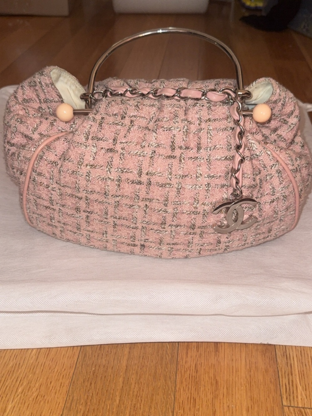 CHANEL Rare Vintage Pink Tweed Boucle Knitting Bag